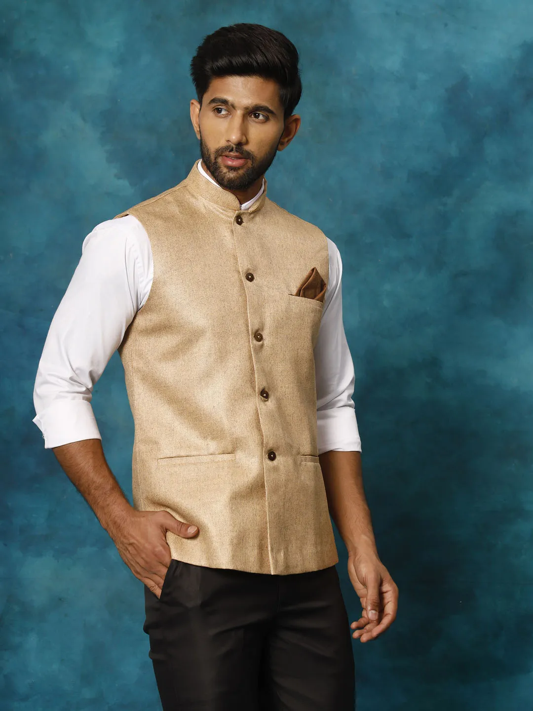 Jashvi Men's Beige Woven Nehru Jacket