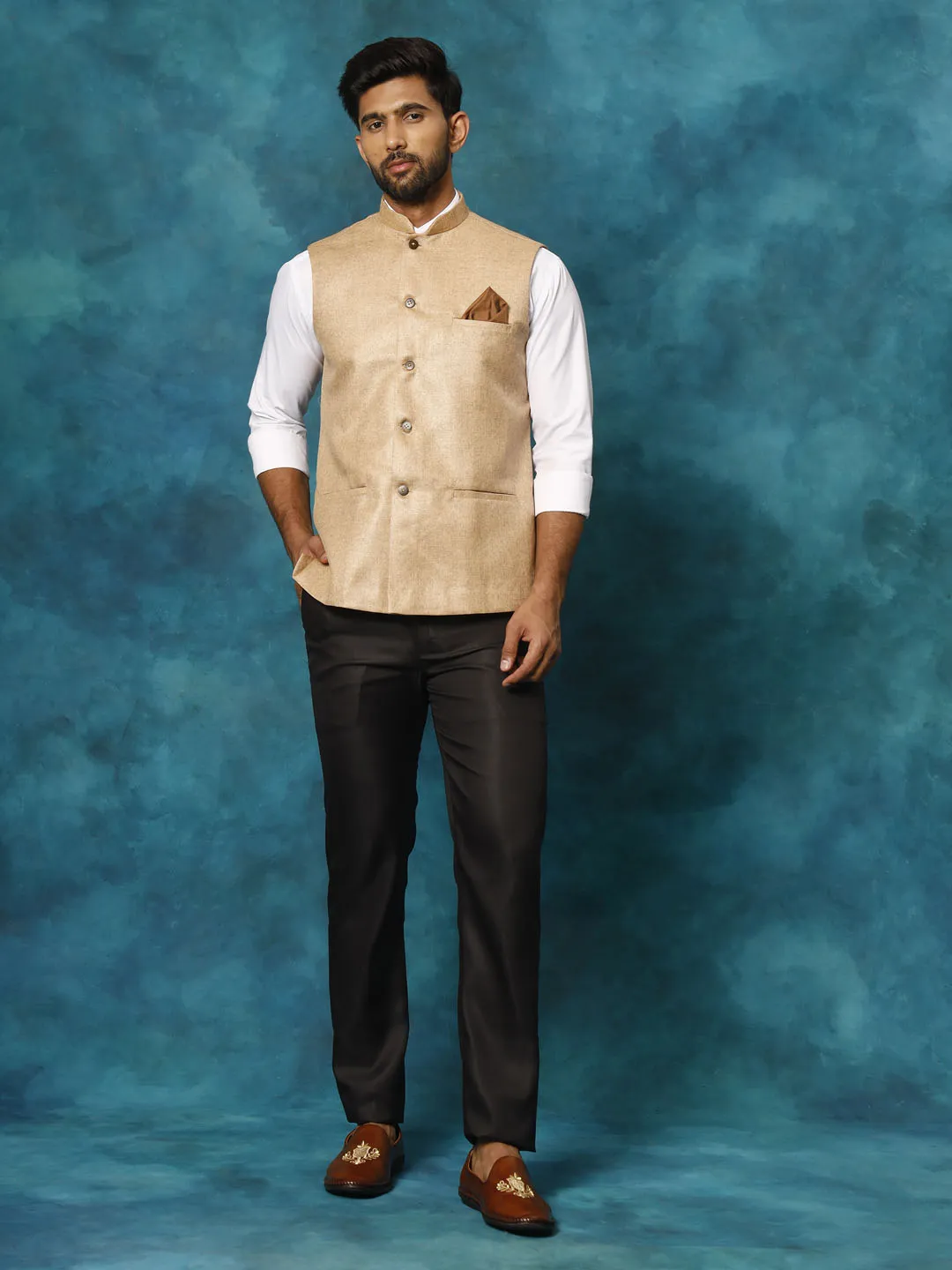 Jashvi Men's Beige Woven Nehru Jacket