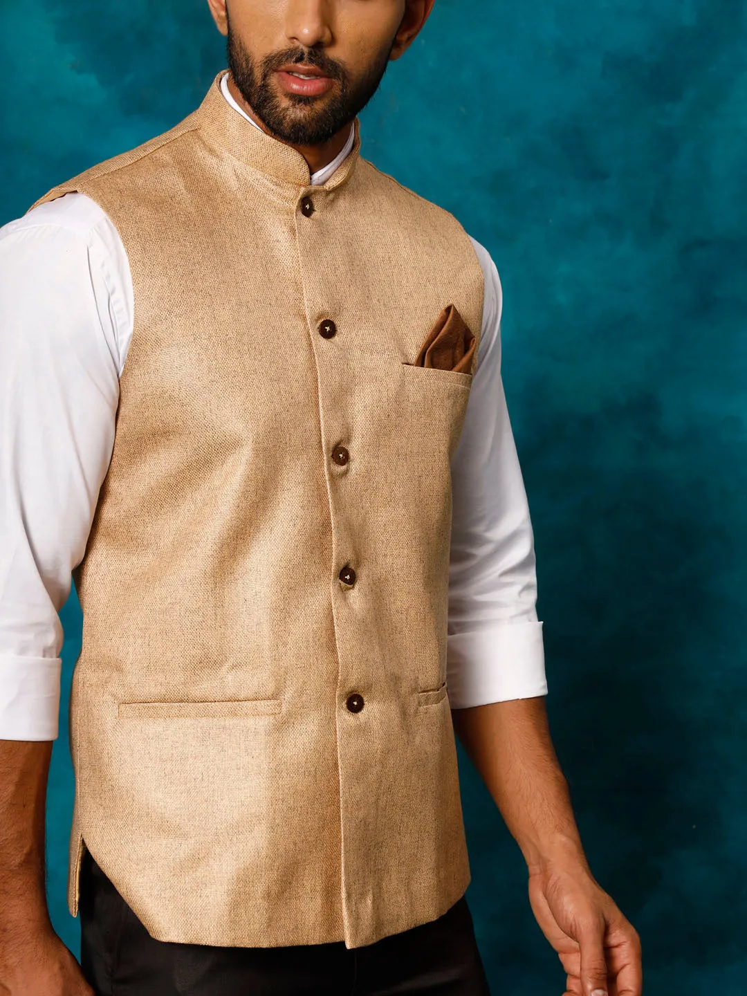 Jashvi Men's Beige Woven Nehru Jacket