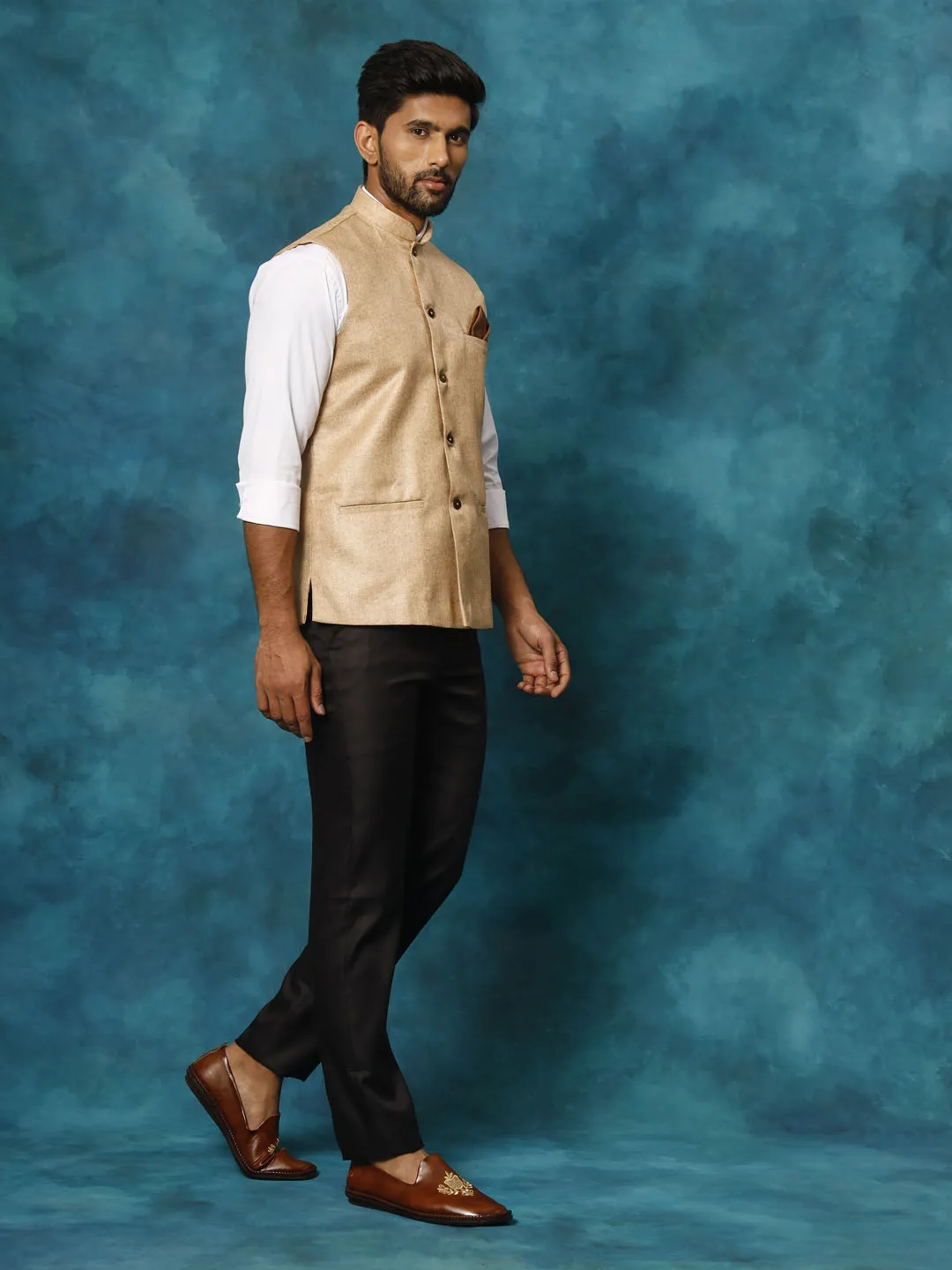 Jashvi Men's Beige Woven Nehru Jacket