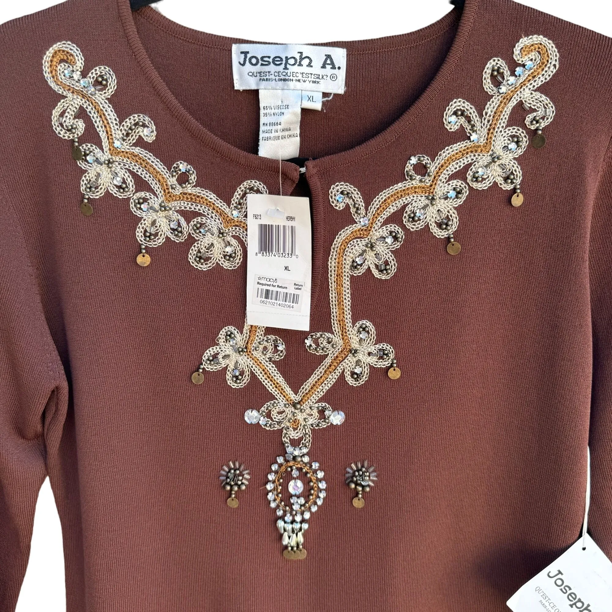 Joseph A. Womens Beaded Embroidered Embellished Brown 3/4 Sleeve Top - New - XL