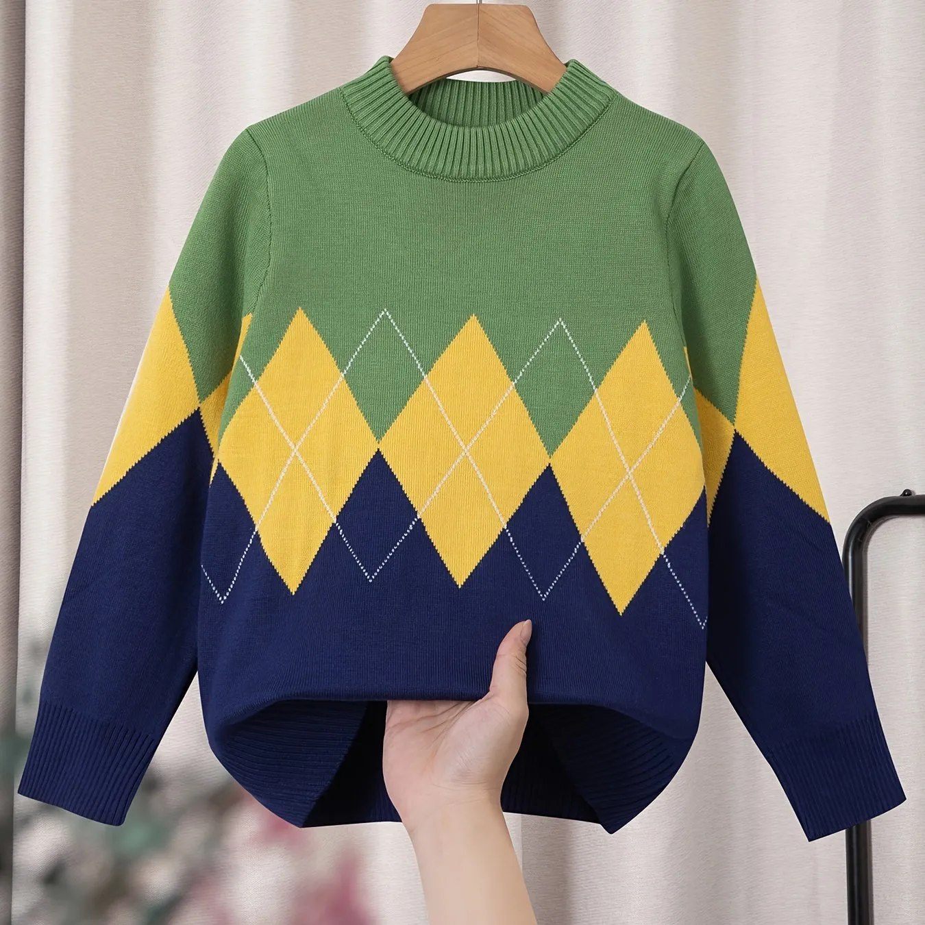 Kid's Color Clash Argyle Jacquard Sweater, Preppy Style Cable Knit Long Sleeve Top, Fall/Winter