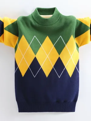 Kid's Color Clash Argyle Jacquard Sweater, Preppy Style Cable Knit Long Sleeve Top, Fall/Winter