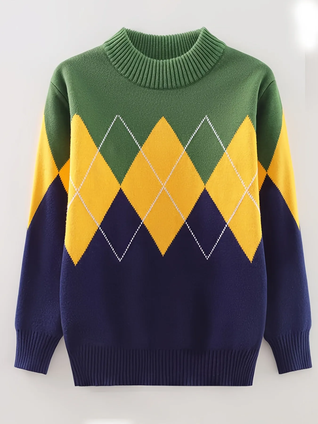 Kid's Color Clash Argyle Jacquard Sweater, Preppy Style Cable Knit Long Sleeve Top, Fall/Winter