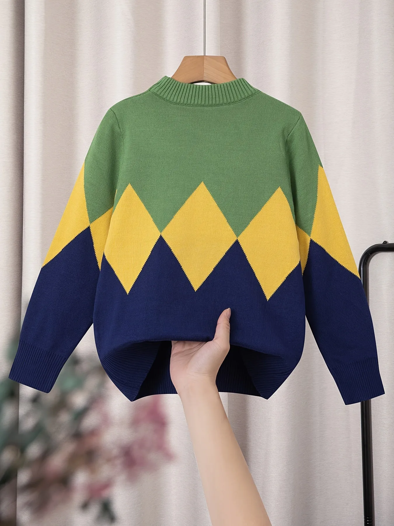 Kid's Color Clash Argyle Jacquard Sweater, Preppy Style Cable Knit Long Sleeve Top, Fall/Winter