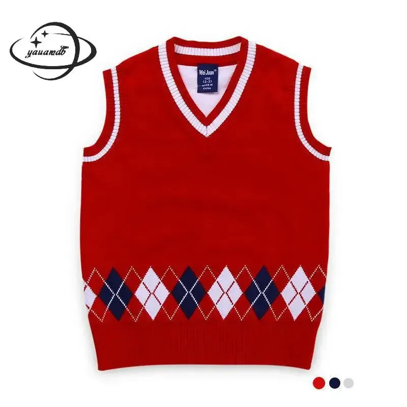 Kids Cotton Vests Spring Autumn , Boys And Girls Knit Sleeveless Sweater ,  V-Neck Children's School Waistcoat Top Clothes H6