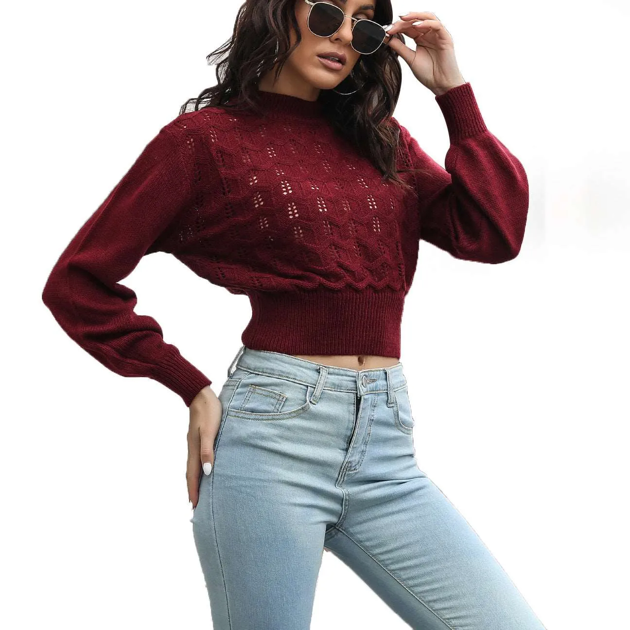 Lantern Sleeve Hollow Knitted Midriff-baring Sweater