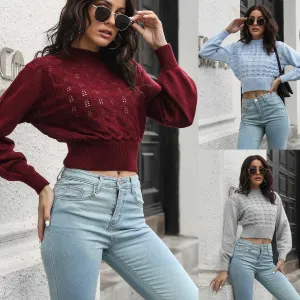 Lantern Sleeve Hollow Knitted Midriff-baring Sweater