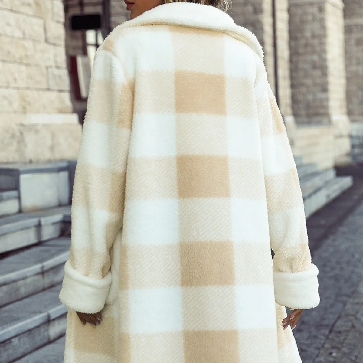 Lapel Plaid Patchwork Fleece Overcoat