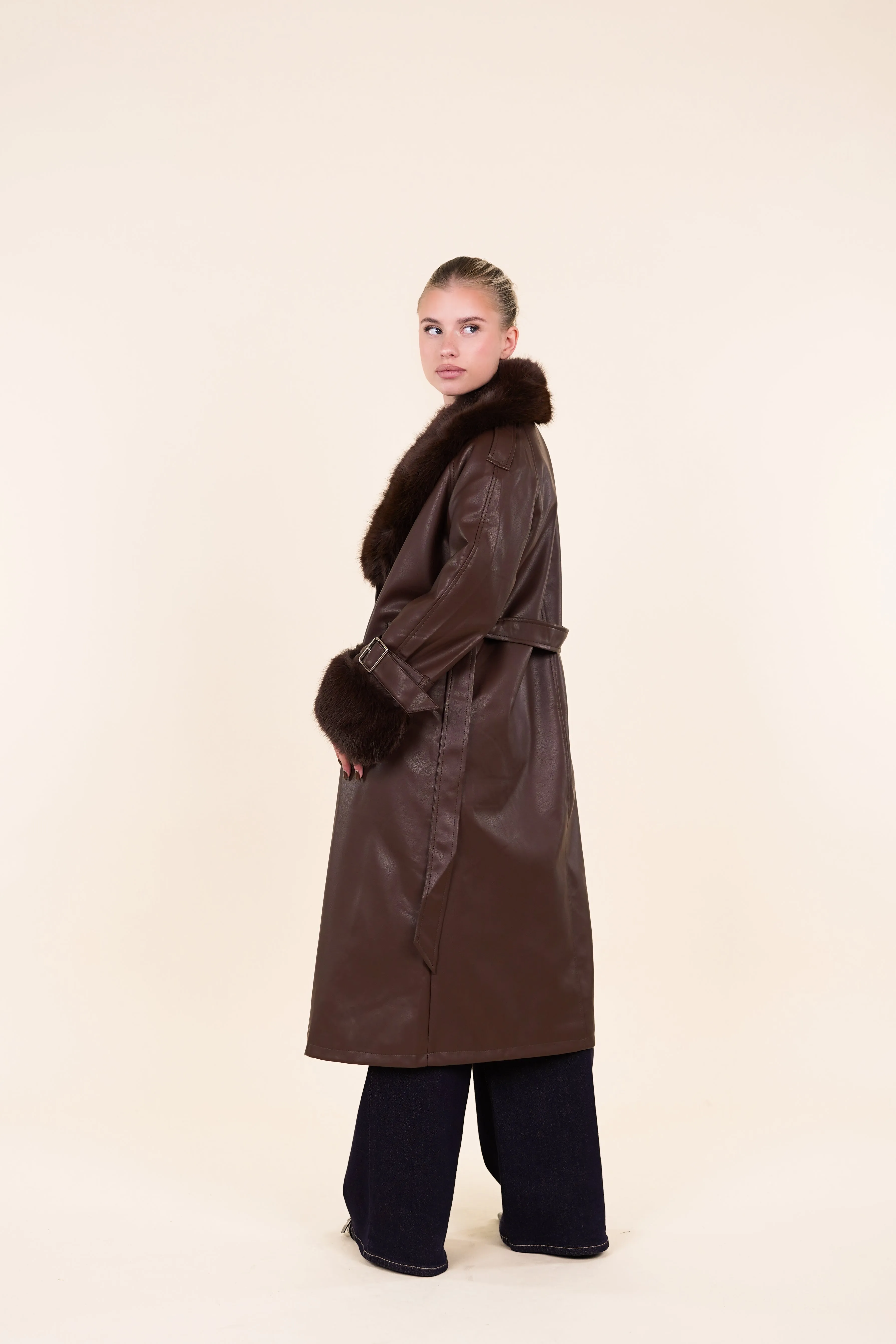 Leatherlook trenchcoat faux fur bruin - Fally