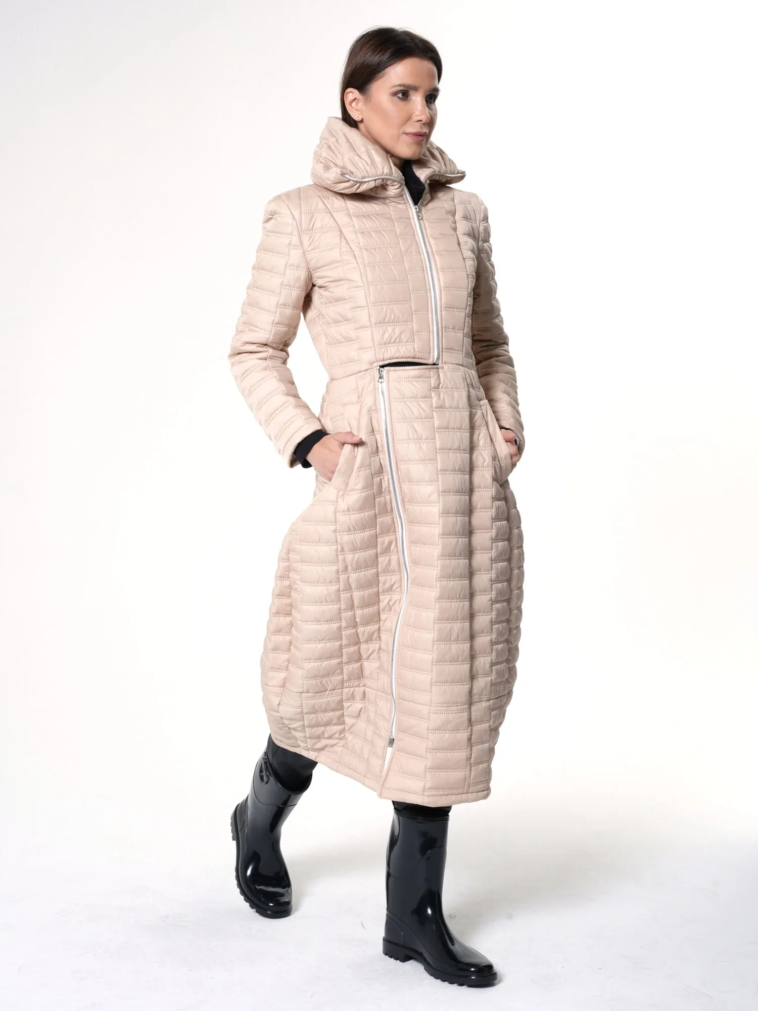 Long Quilted Coat In Beige