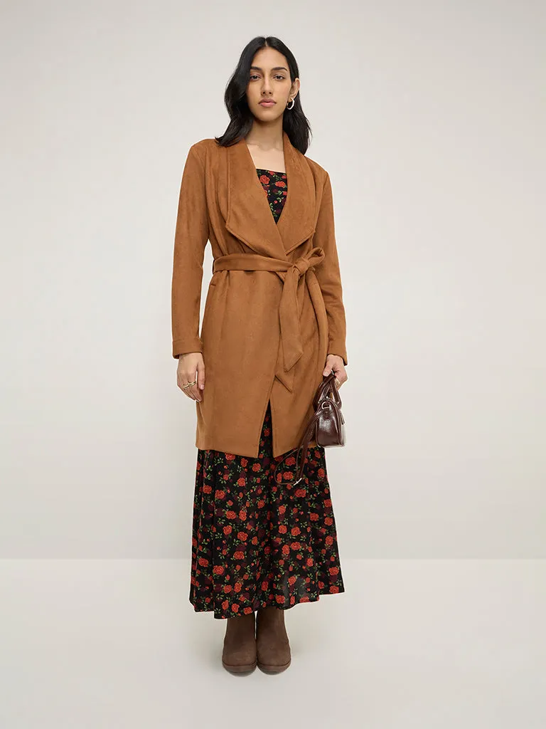 LOV Tan Faux-Suede Coat with Belt