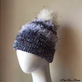 Luxe Blue Tweed Beanie/Slouchy Beanie w/Faux Fur Pom