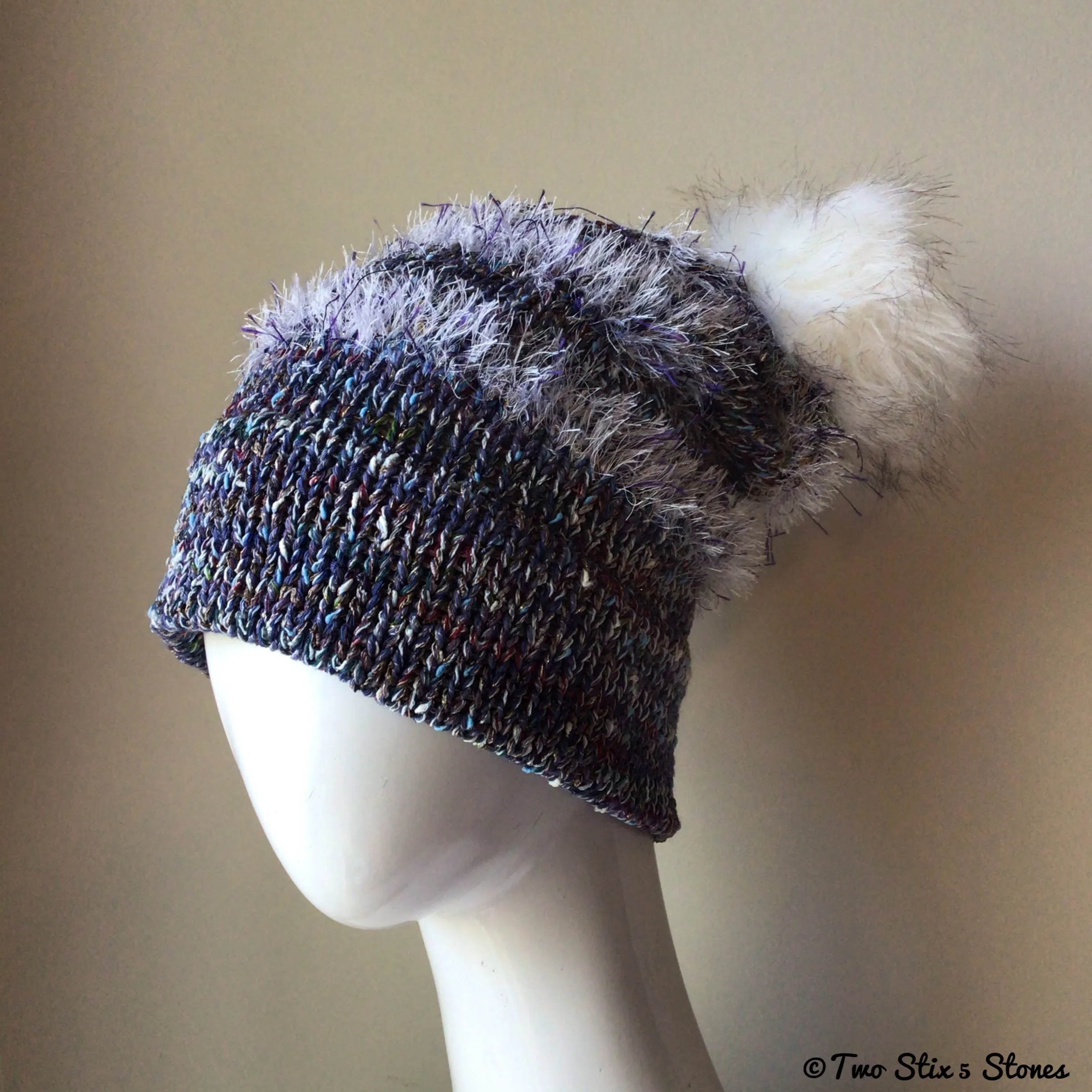 Luxe Blue Tweed Beanie/Slouchy Beanie w/Faux Fur Pom