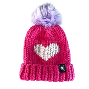 Luxury Big Heart Pom-Pom Beanie in Magenta   Orchid