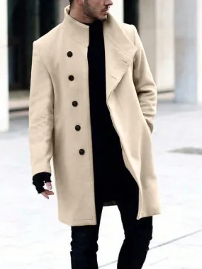 Manfinity Homme Men'S Single-Breasted Stand Collar Woolen Coat Plain Going Out Basic Overcoat