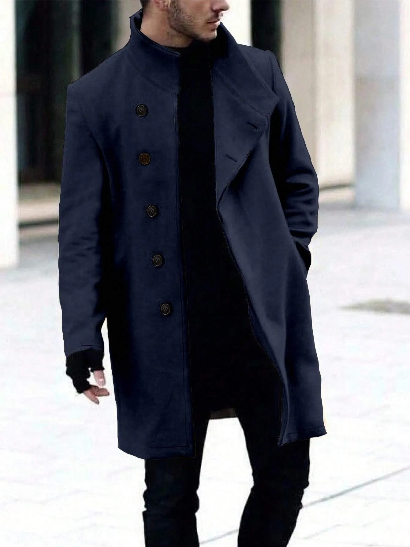 Manfinity Homme Men'S Single-Breasted Stand Collar Woolen Coat Plain Going Out Basic Overcoat