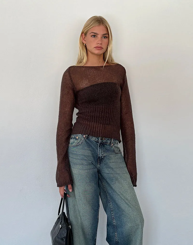 Manon Long Sleeve Sheer Knit Top in Chocolate Brown