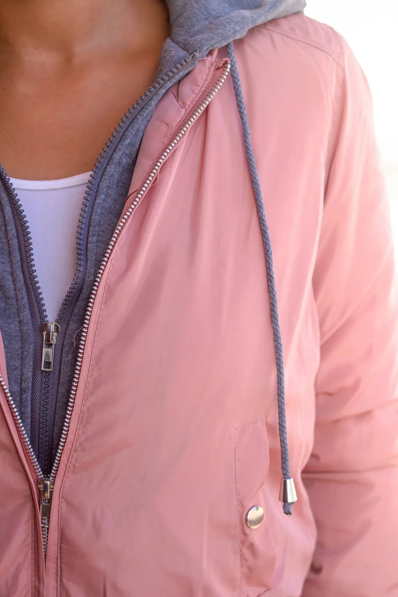 Mauve Bomber Jacket with Gray Hood