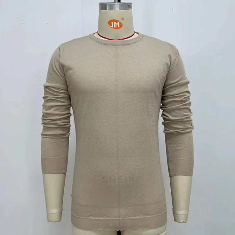 Men Casual Slim Fit Khaki Crew Neck Pullover Long Sleeve Thin Knit Tops