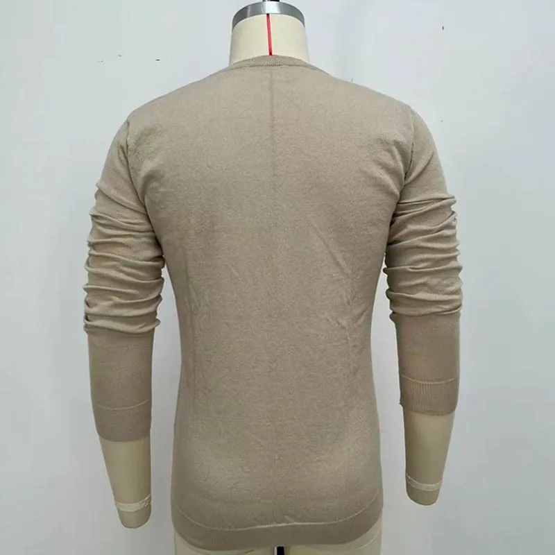 Men Casual Slim Fit Khaki Crew Neck Pullover Long Sleeve Thin Knit Tops