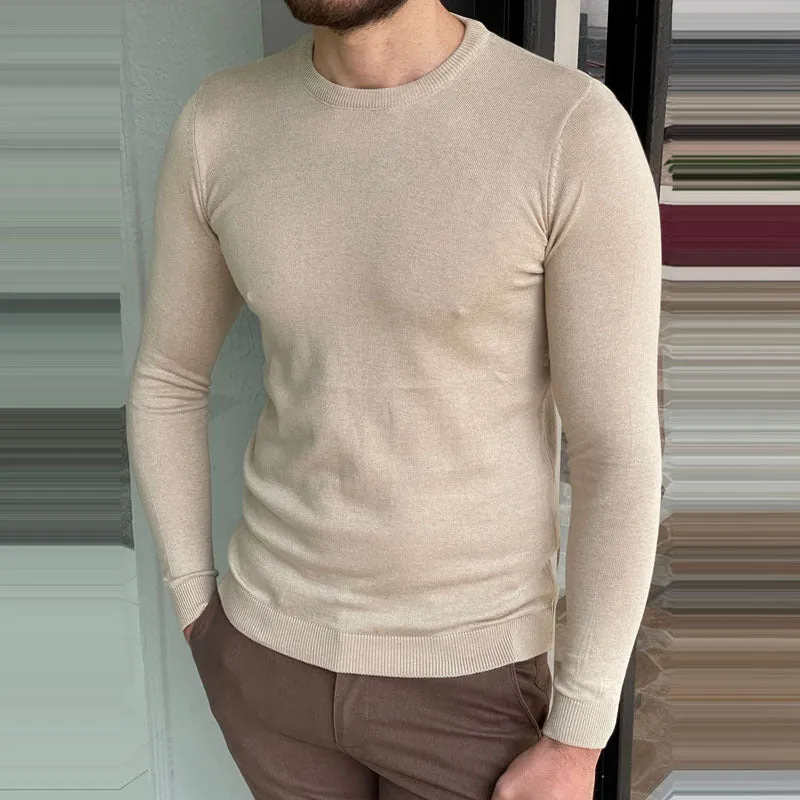 Men Casual Slim Fit Khaki Crew Neck Pullover Long Sleeve Thin Knit Tops