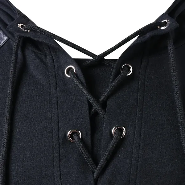 Men Gothic Steampunk Hoodie with Leather Straps Long Sleeve Lace up Hooded Pullover Sweatshirt