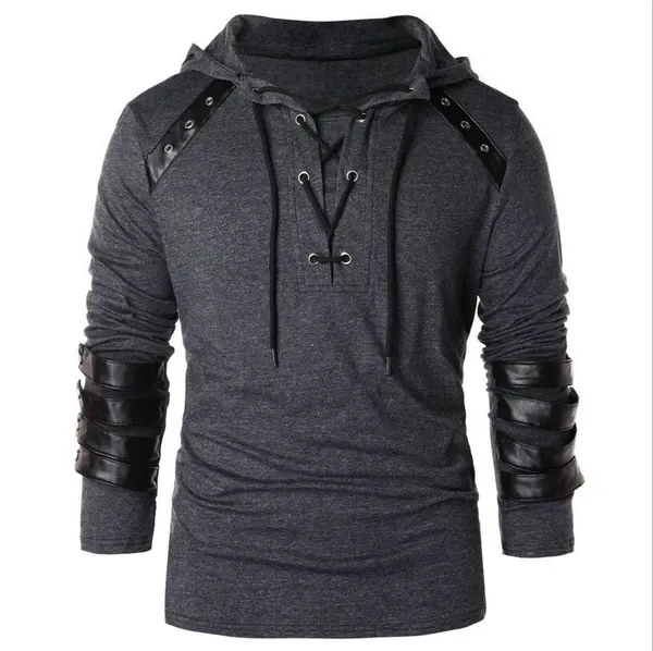 Men Gothic Steampunk Hoodie with Leather Straps Long Sleeve Lace up Hooded Pullover Sweatshirt