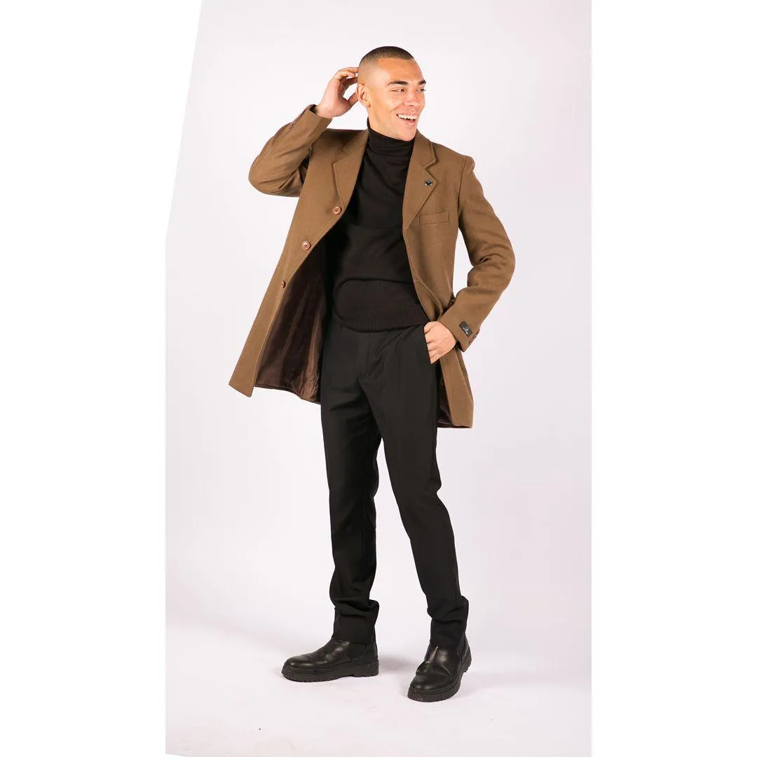 Mens 3/4 Long Overcoat Jacket Wool Feel Coat Blinders Slim Fit