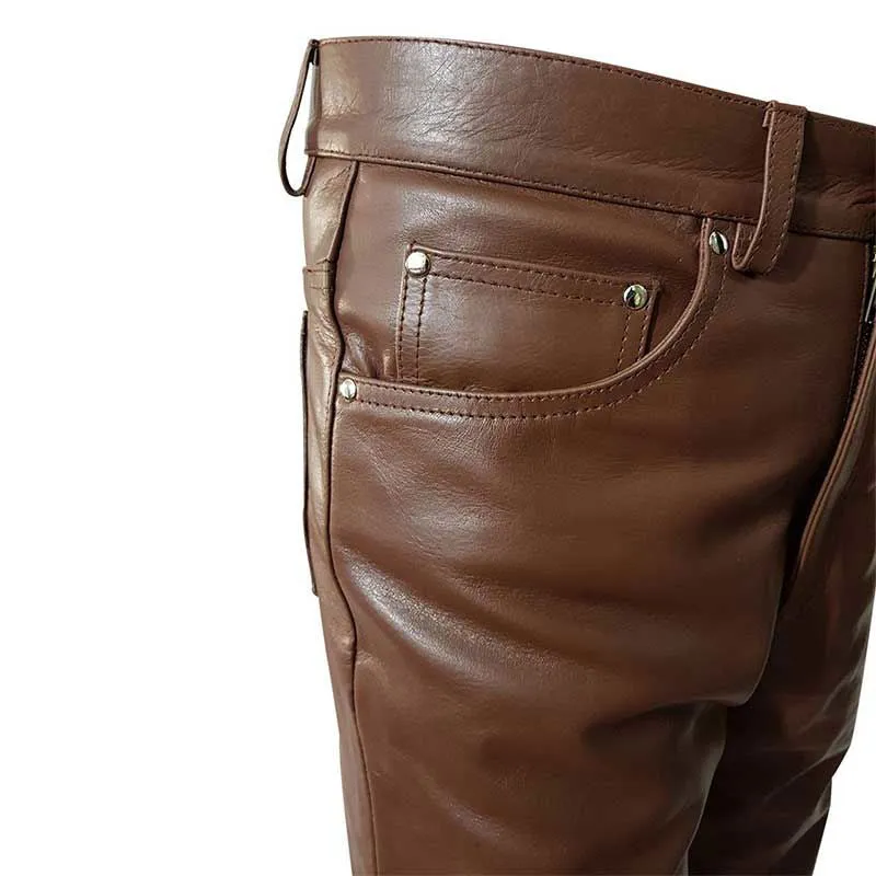 Mens 501 Style Jeans Brown Cow Leather Sleek Pants Trouser Bikers - (501-BRW)