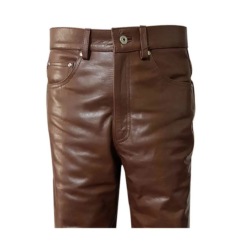 Mens 501 Style Jeans Brown Cow Leather Sleek Pants Trouser Bikers - (501-BRW)