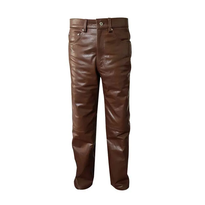 Mens 501 Style Jeans Brown Cow Leather Sleek Pants Trouser Bikers - (501-BRW)