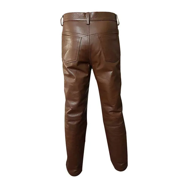 Mens 501 Style Jeans Brown Cow Leather Sleek Pants Trouser Bikers - (501-BRW)