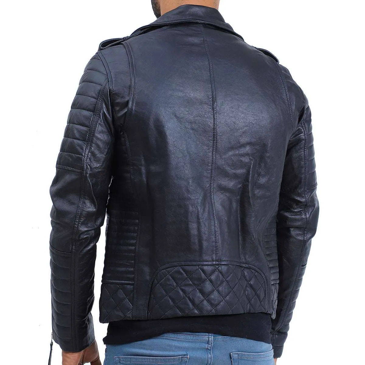 Mens Biker Quilted Lambskin Black Leather Jacket