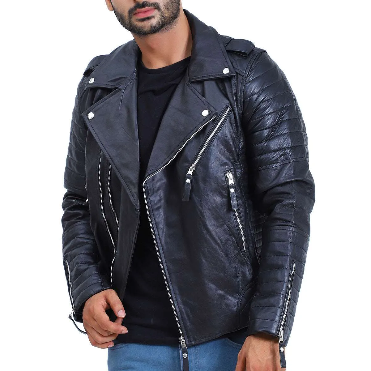 Mens Biker Quilted Lambskin Black Leather Jacket