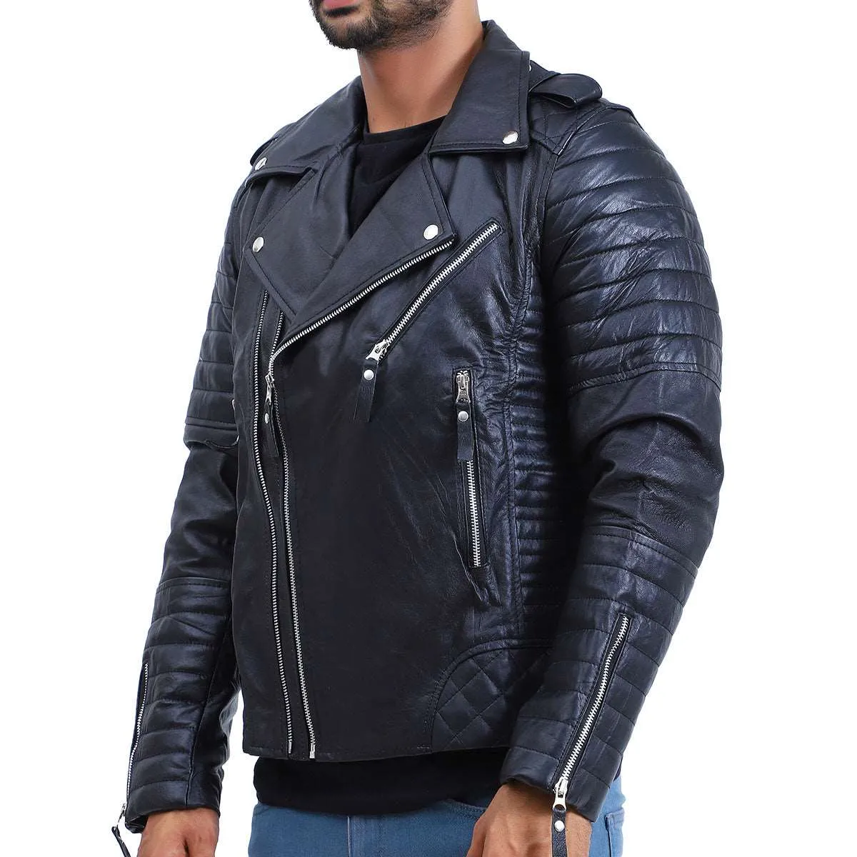 Mens Biker Quilted Lambskin Black Leather Jacket