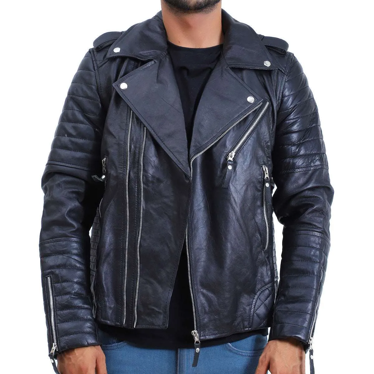 Mens Biker Quilted Lambskin Black Leather Jacket