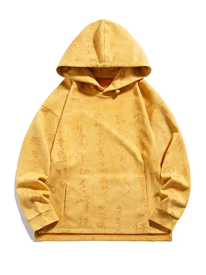 Men's Oracle Bone Script Faux Suede Hoodies