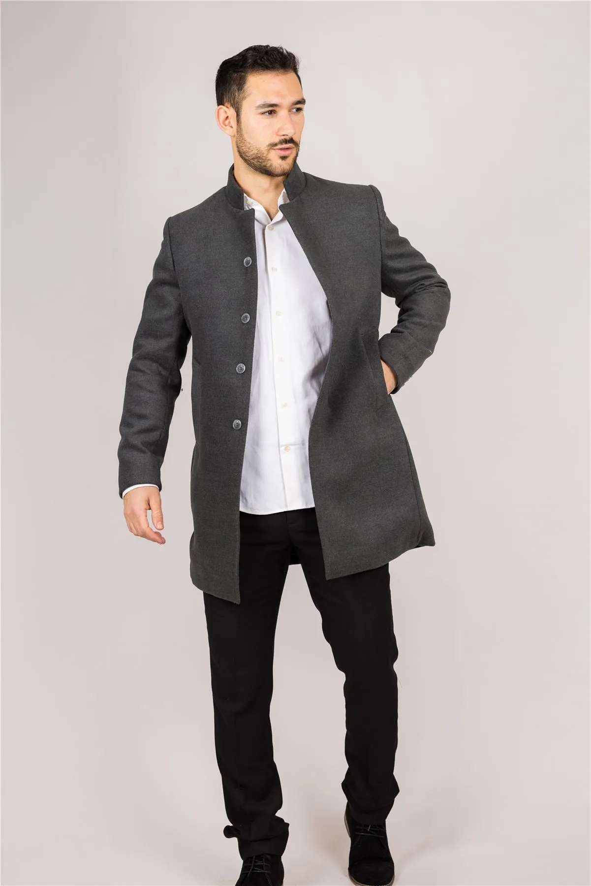 Men's Overcoat Stand Collar Wool Blend Classic Trench Coat Winter Jacket