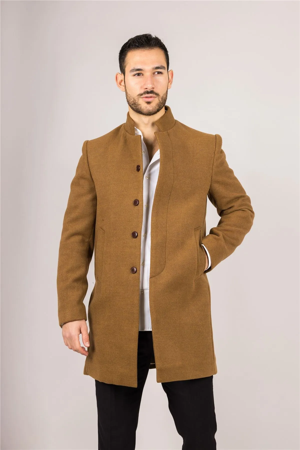 Men's Overcoat Stand Collar Wool Blend Classic Trench Coat Winter Jacket