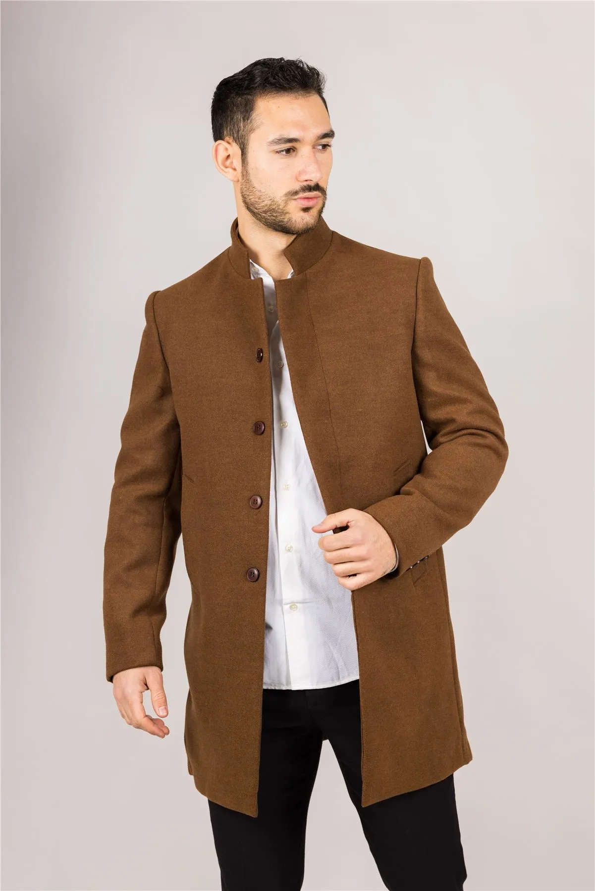 Men's Overcoat Stand Collar Wool Blend Classic Trench Coat Winter Jacket