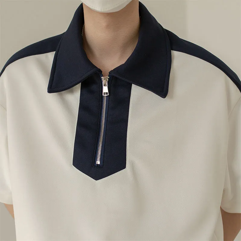 Men's Polo Shirts Lapel Zip Pullover Loose Short Sleeve T-Shirt