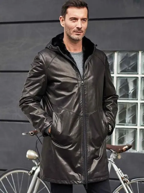 Men's Shearling Fur Hooded Leather Trench Coat Outerwear