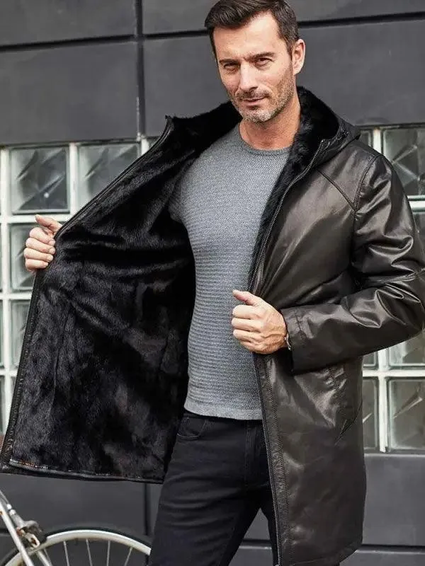 Men's Shearling Fur Hooded Leather Trench Coat Outerwear