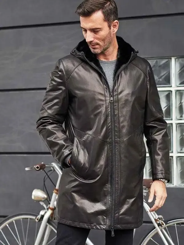 Men's Shearling Fur Hooded Leather Trench Coat Outerwear