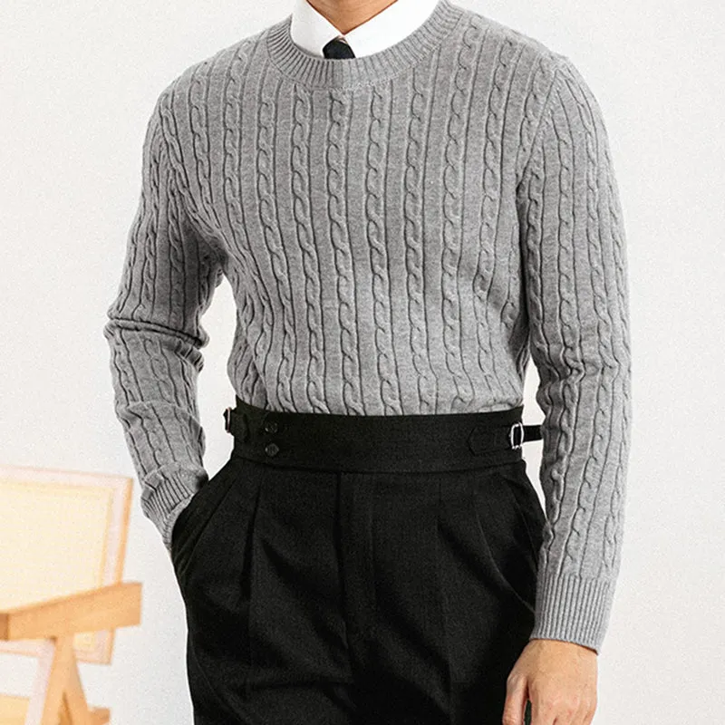 Men's Slim Fit Casual Crew Neck Pullover Cable Knit Sweater