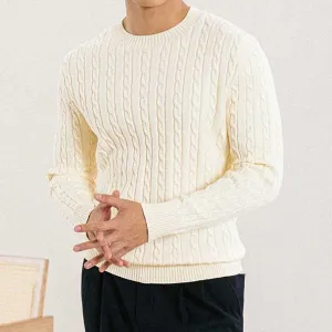 Men's Slim Fit Casual Crew Neck Pullover Cable Knit Sweater