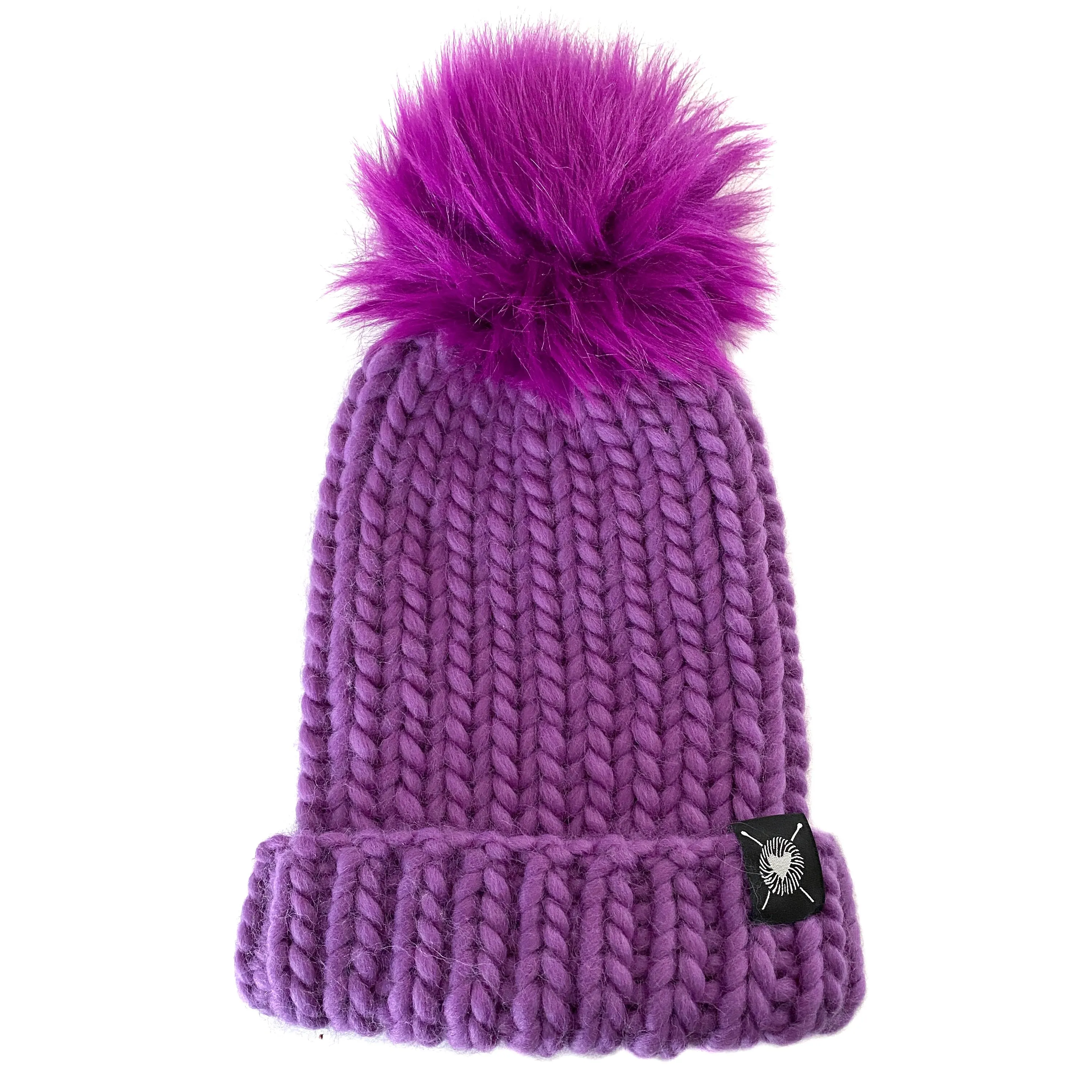 Merino Folded Brim Faux Fur Pom-Pom Beanie in Gumdrop