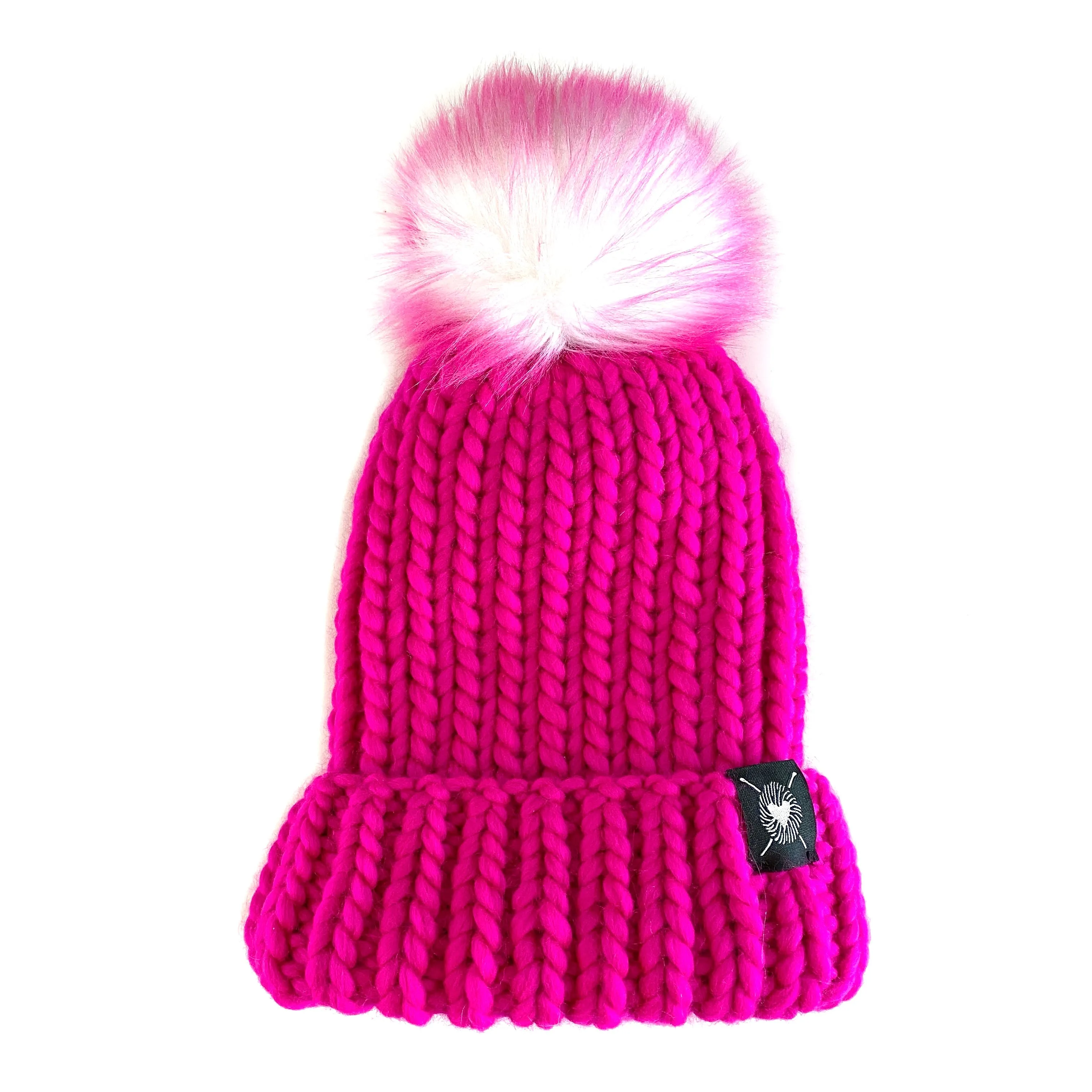 Merino Folded Brim Faux Fur Pom-Pom Beanie in Neon Pink