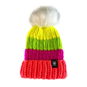 Merino Folded Brim Faux Fur Pom-Pom Beanie in Taste the Rainbow